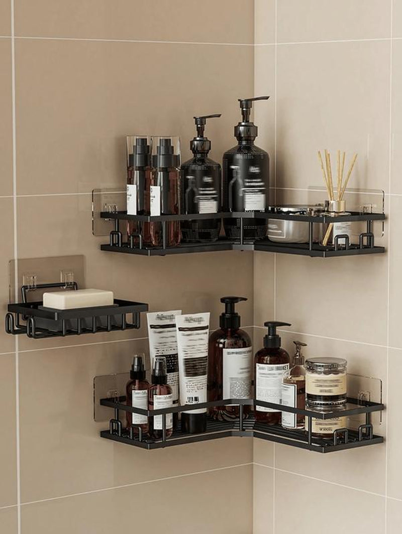 Two-Piece / Three-Piece Stainless Steel Bathroom Storage Rack Set, Wall-Mounted or Stick-On Shower Storage Rack, with a Carrying Capacity of Less than 10 Kilograms, Suitable for Corner Storage in Bathrooms, Kitchens and Living Rooms. Accessories Organizer