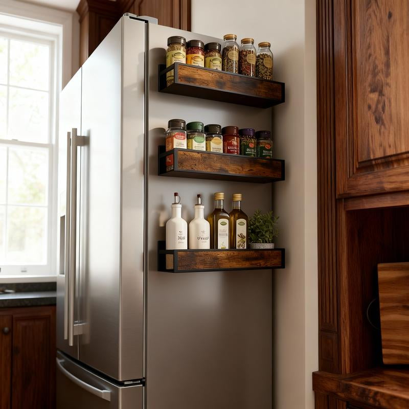 Magnetic Refrigerator Organizer Shelf｜No Drill Fridge Side Spice Rack｜Carbon Steel Magnetic Storage with Wood-Grain Look｜Strong Hold Space Saving Kitchen Organizer for Small Kitchens