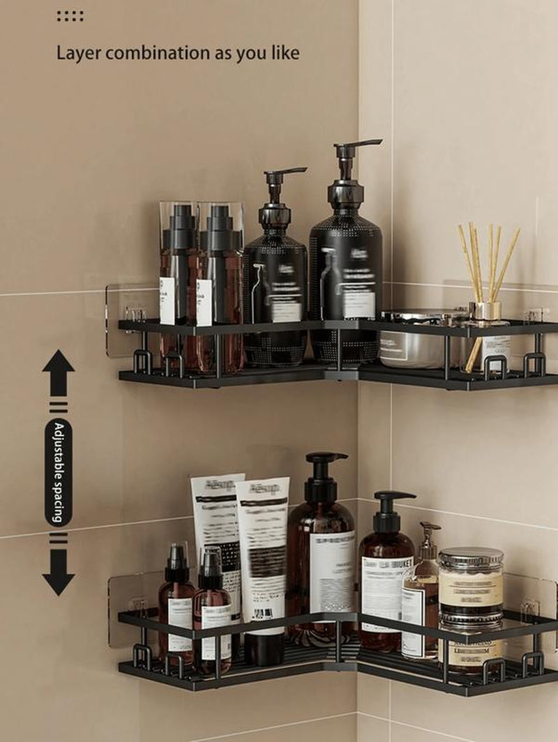 Two-Piece / Three-Piece Stainless Steel Bathroom Storage Rack Set, Wall-Mounted or Stick-On Shower Storage Rack, with a Carrying Capacity of Less than 10 Kilograms, Suitable for Corner Storage in Bathrooms, Kitchens and Living Rooms. Accessories Organizer